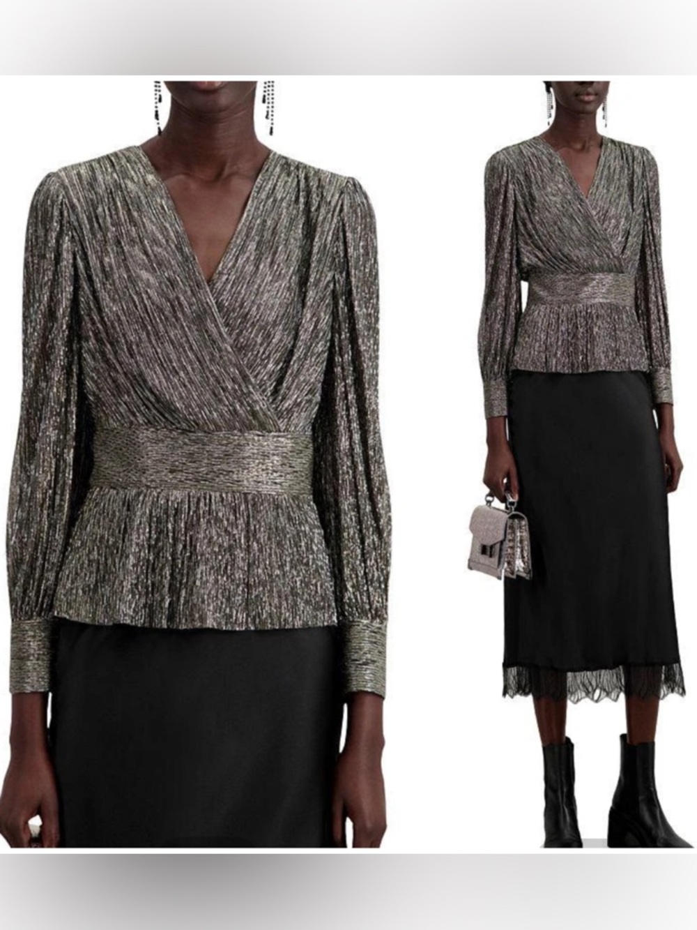 The Kooples Metallic Pleated V-neck Long Sleeve Blouse Top NWT $265